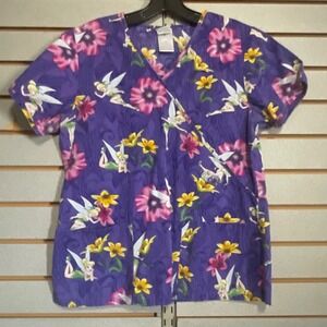 Disney Tinkerbell Floral Scrub Top Purple V-Neck Mock Wrap Small Nurse medical